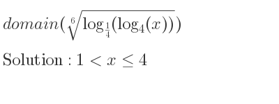 The domain of (\sqrt[6]{log_{1/4}(log_{4}(x))}) is 1<x<= 4